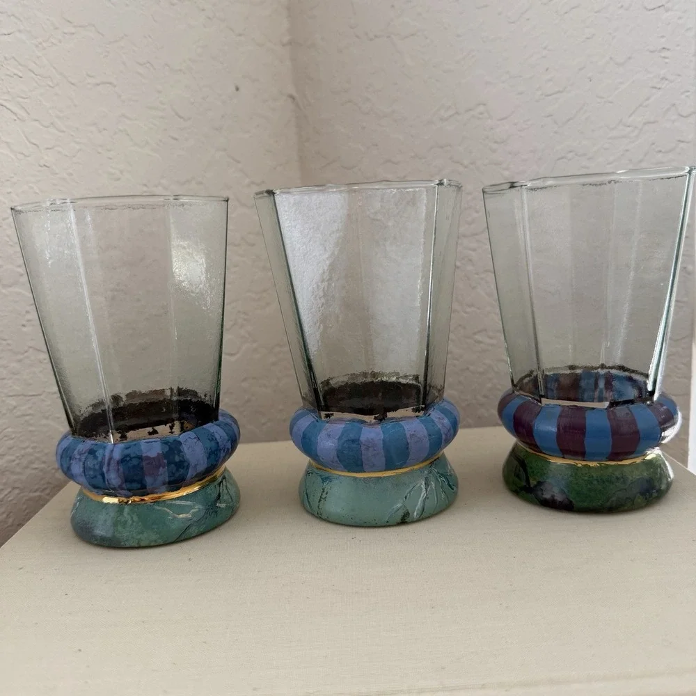 Vtg 80s 90s Mackenzie Childs Glass Cups Circus Purple Stripe Marble Octagon